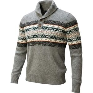 American Eagle Mens Grey Fair Isle Shawl Collar Pullover Sweater L Cotton Wool